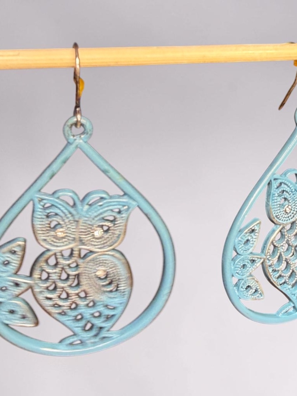 Silvertone and Light Blue Open Filigree Earrings - Owl Design - 2” x 1.5"